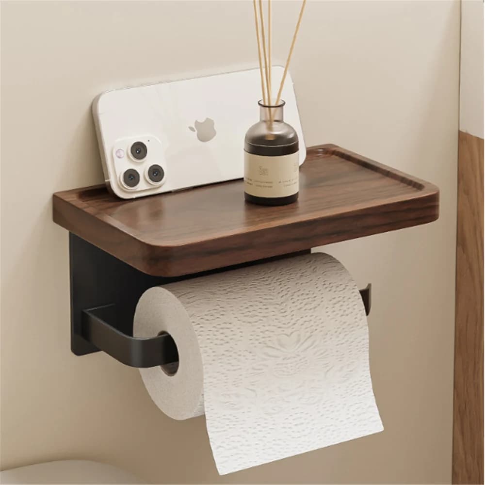 Walnut Aluminum Bathroom Paper Holder with Shelf Bathroom Paperroll Holder Wall Mount Tissue Rack Toilet Paper Holder Tissue Box