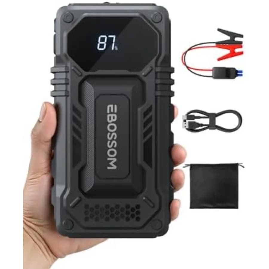 Avviatore di emergenza per batteria per auto 12000mAh 44,4Wh Booster di emergenza per veicoli con cavi di ponticello intelligenti e kit di emergenza per luci a LED per auto Tru
