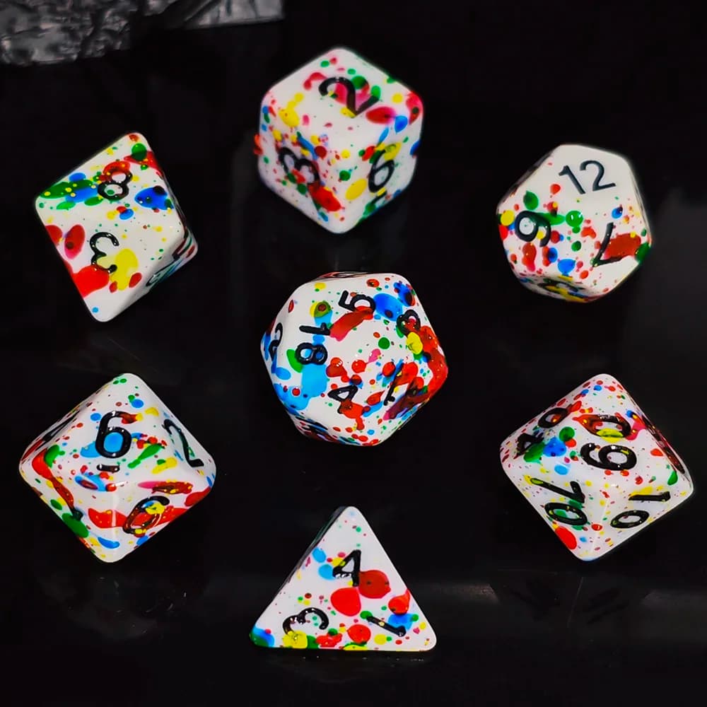 Paint Splatter Dice Set - 7PCS White with Colorful Splash Polyhedral Dice, Perfect for DND RPG & Tabletop Games