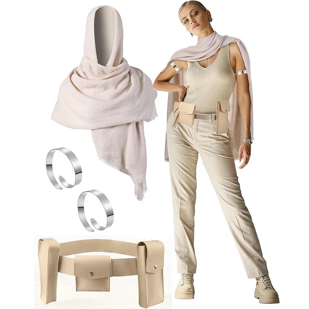 Women Queen Warrior Costume Halloween Padme Cosplay Costume Belt with Pockets Shawl Scarf Arm Cuff Armband Party Roleplay