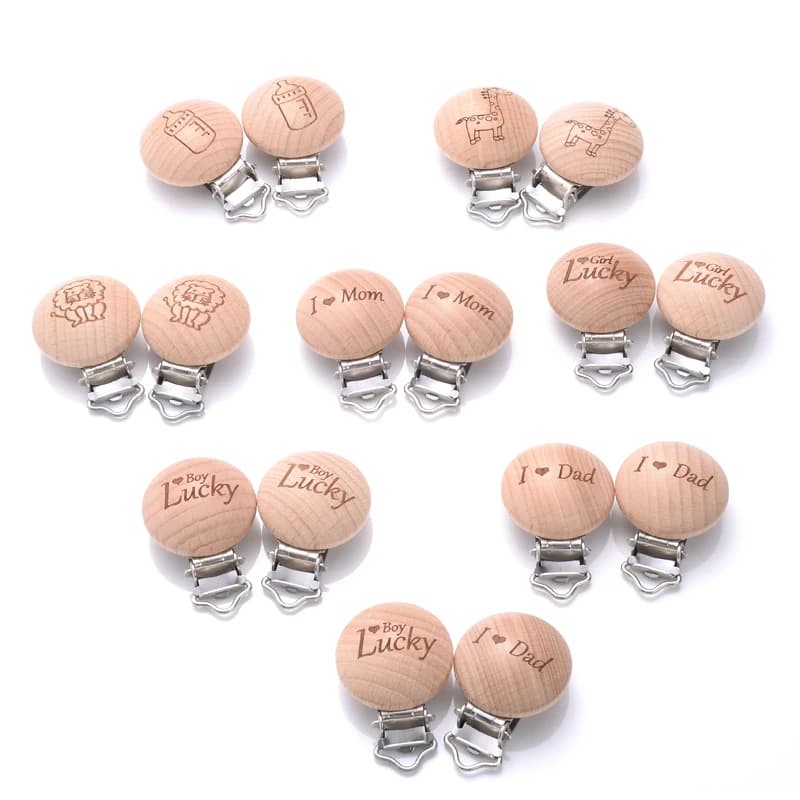 5 pz 30mm Clip ciuccio in faggio in legno modello lettera animale ciuccio Clip in metallo supporto ciuccio in legno accessori massaggiagengive