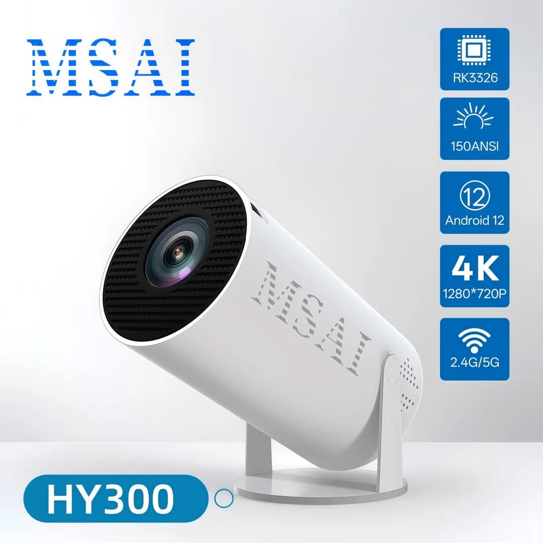 Proiettore Portatile MSAI HY300 Android 12 1024x720P con Correzione Trapezoidale a 4 Punti, Proiezione Wireless 40-120 Pollici per Casa ed Esterni