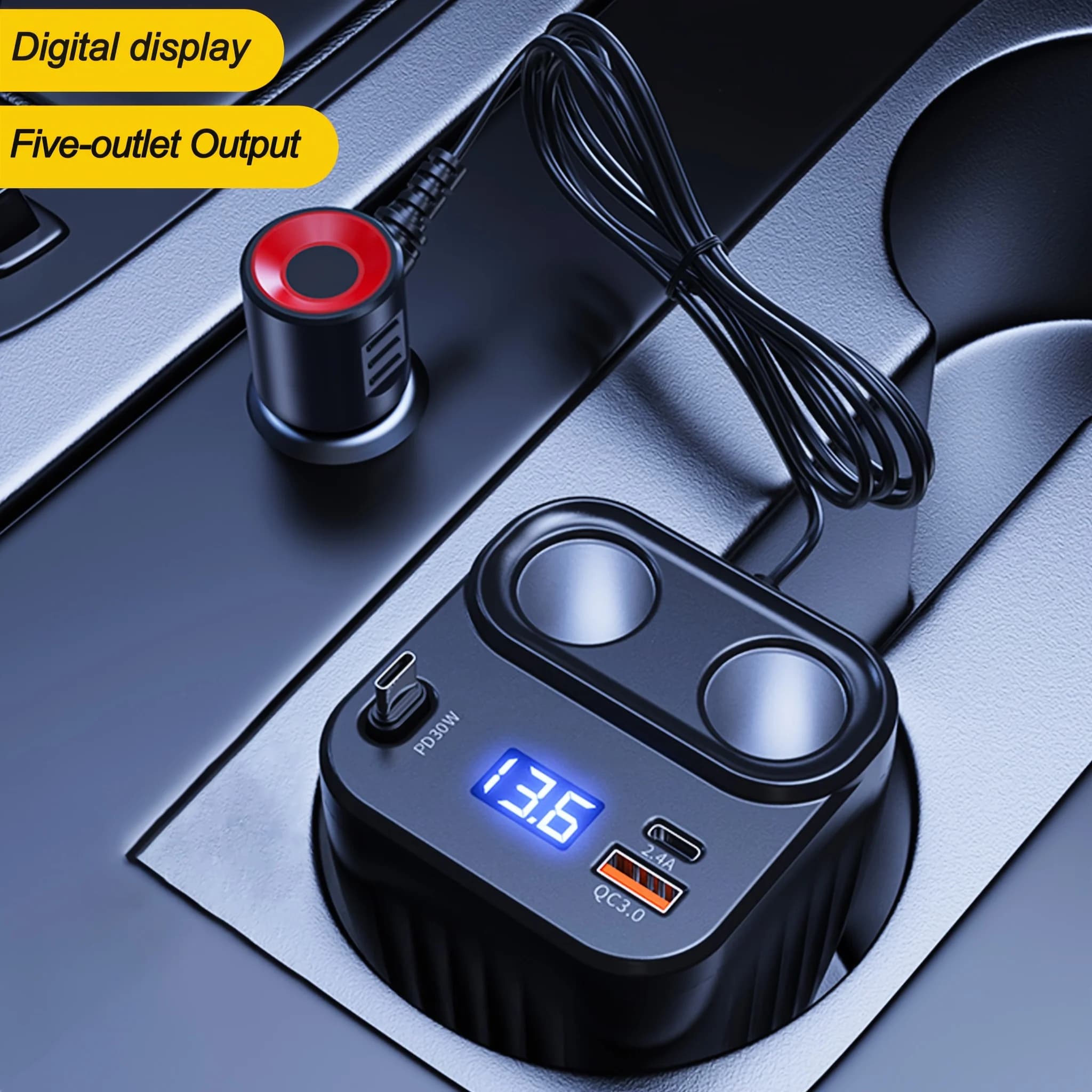 12V Car Charger with Digital Display USB C PD QC Fast Charging Dual Socket Cigarette Lighter Adapter for Phone
