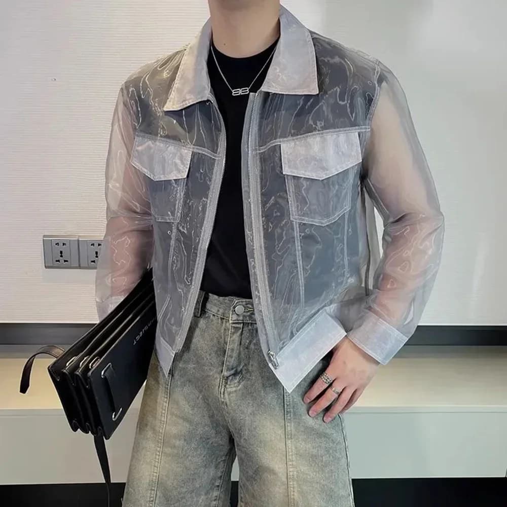 Fashionable Men's Summer Jacket with Transparent Solar Protection Sexy Fashion in Long Sleeves Network with Revolved Solid Streetwear Hinge Coat