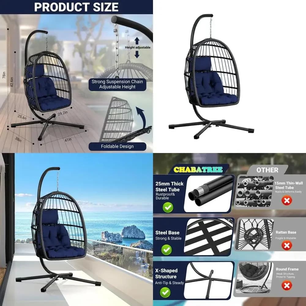 Sedia a dondolo da esterno a forma di uovo con vimini in rattan, struttura in acciaio resistente e cuscino protetto dai raggi UV, supporta fino a 350 libbre.