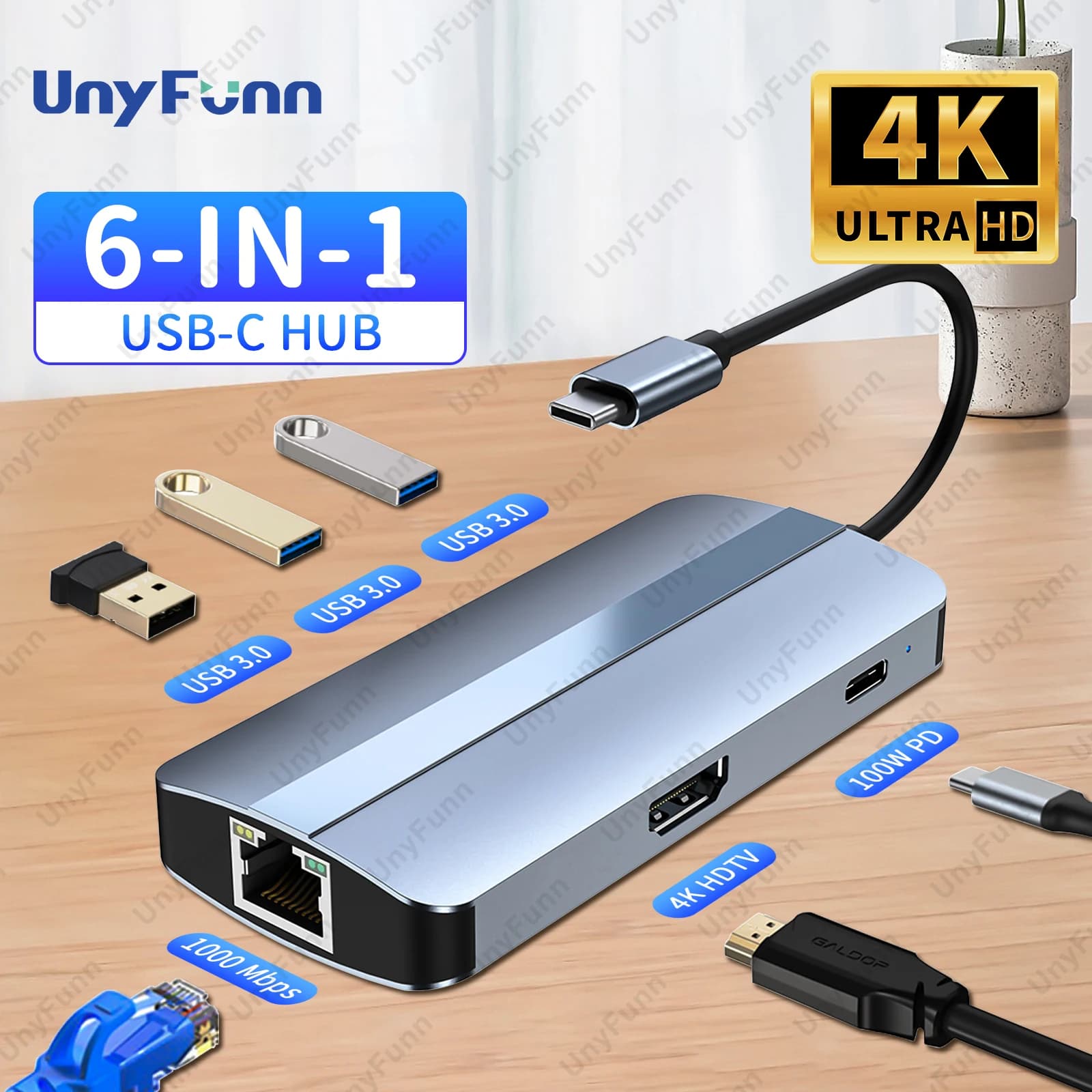 Hub USB C 6in1 con 4K HDTV Gigabit Ethernet 100W Alimentazione di ricarica 3 Porta dati USB 3.0 Adattatore di tipo C per iPhone15 Mac iPad Laptop