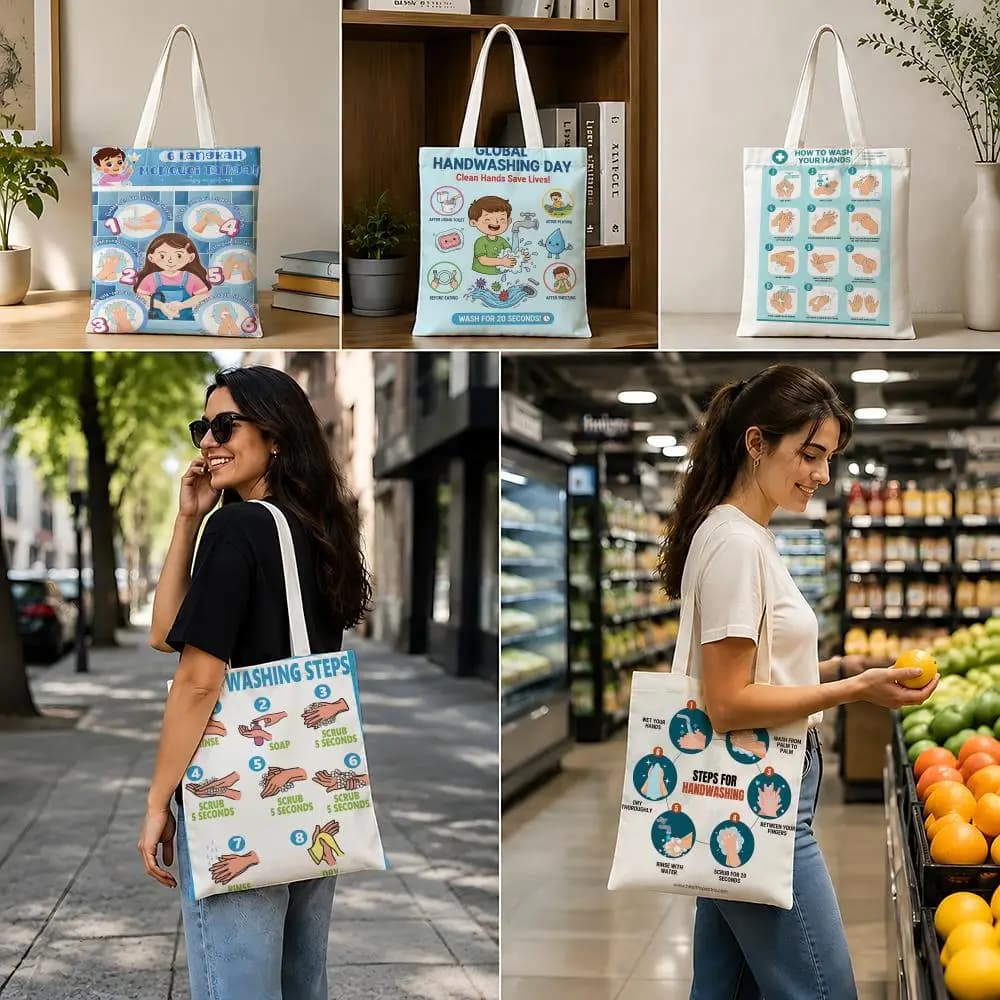 Text-Hand washing steps sloganS Storage Bags Lightweight Foldable Canvas Bag, Reusable Shopping Shoulder Bag with Strap