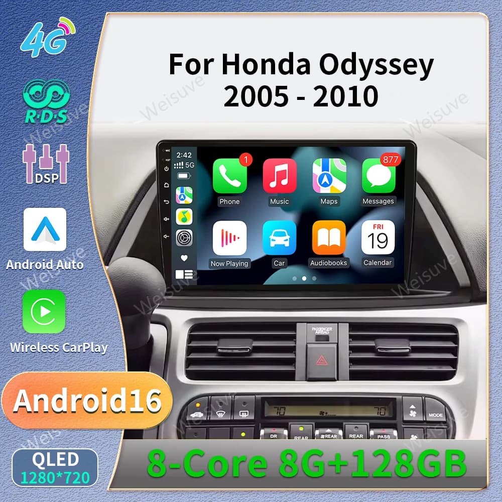 9 Inch Wireless Car Radio For Honda Odyssey 2005 2006 2007 2008 2009 2010 Support Carplay & Android Auto Touch Scree mfkj