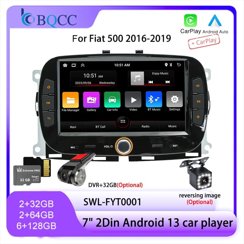 BQCC 7 "2Din per Fait 500 16-19 Quad/Octa core IPS schermo autoradio Android13 GPS WIFI Mirrorlink stereo BT FM RDS lettore per auto