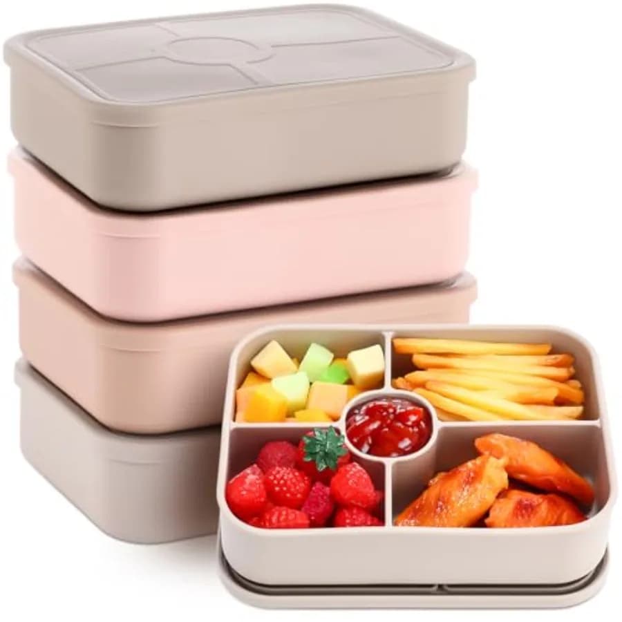 Set di 4 Contenitori Bento in Silicone per Adulti, 5 Scomparti, Contenitori Pranzo Riutilizzabili con Scomparto per Salse, Ermetici, per Preparazione Pasti e Snack