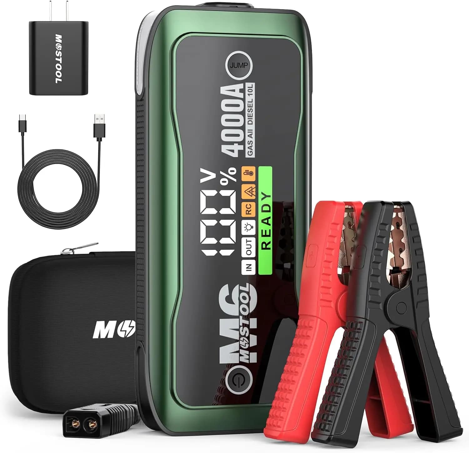 Avviatore portatile M6 4000A, scatola di emergenza per batteria per auto da 12 V con schermo LCD, per motori a gas e diesel, verde