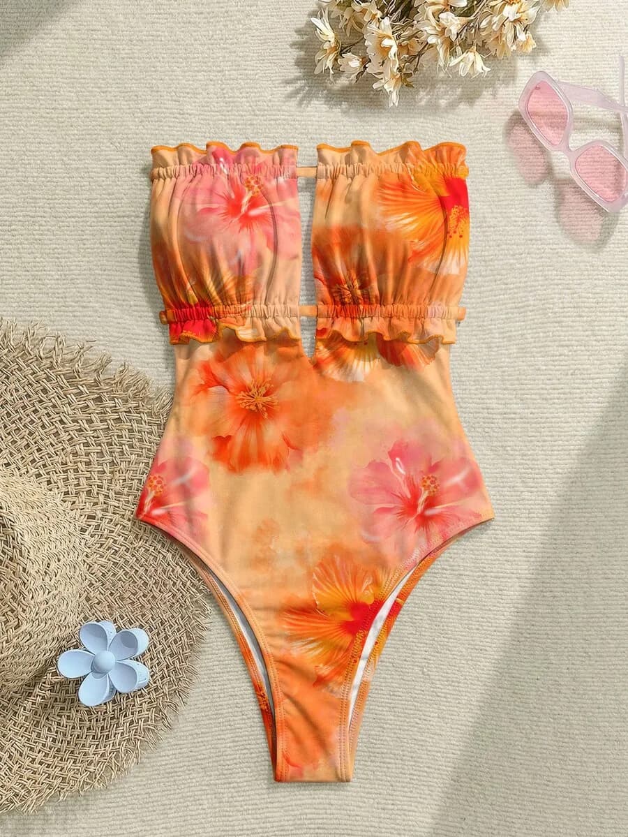 Women One Piece Swimsuit Orange Floral Print Ruffled Strapless Beach Bathing Suit