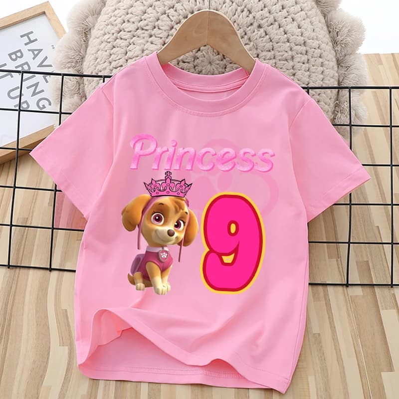 T-shirt Paw Patrol Skye per bambini, maglietta con numero di compleanno, top rosa per ragazze, abbigliamento rosa, cartone animato, anime, manica corta, vestiti larghi per bambini, regalo