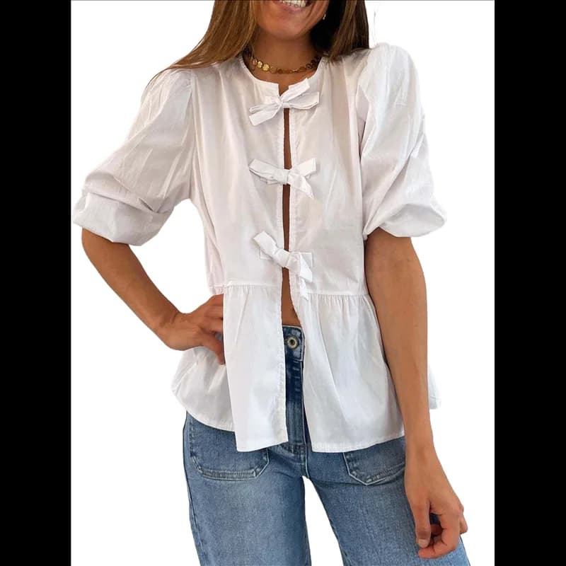 FX-Women Y2K Peplum Tops Puff Short Sleeve Tie Up Blouse Shirt Summer Going Out Cute Babydoll Top