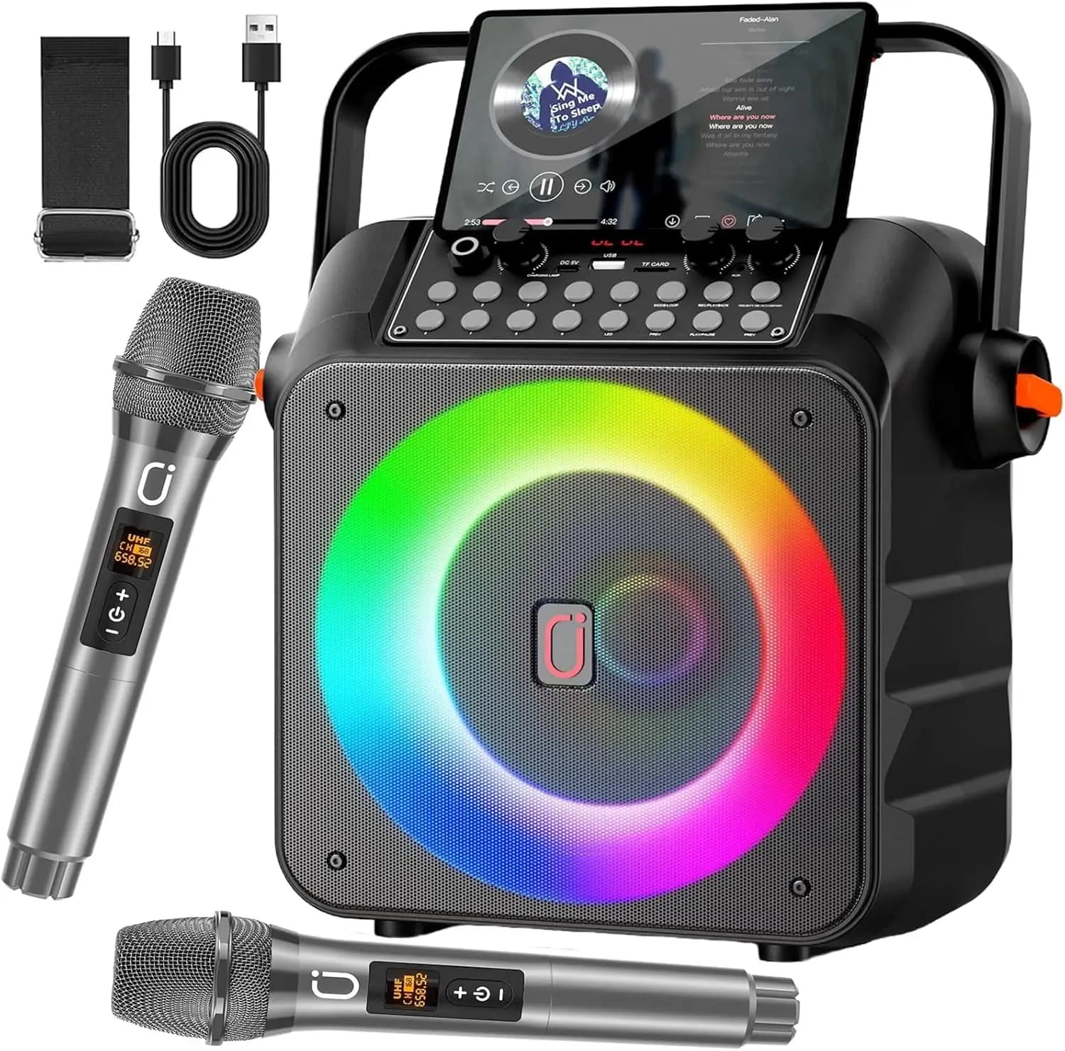 Macchina per Karaoke Portatile con 2 Microfoni Wireless, Altoparlante Bluetooth e Luci DJ per Feste Canore in Casa e all'Aperto