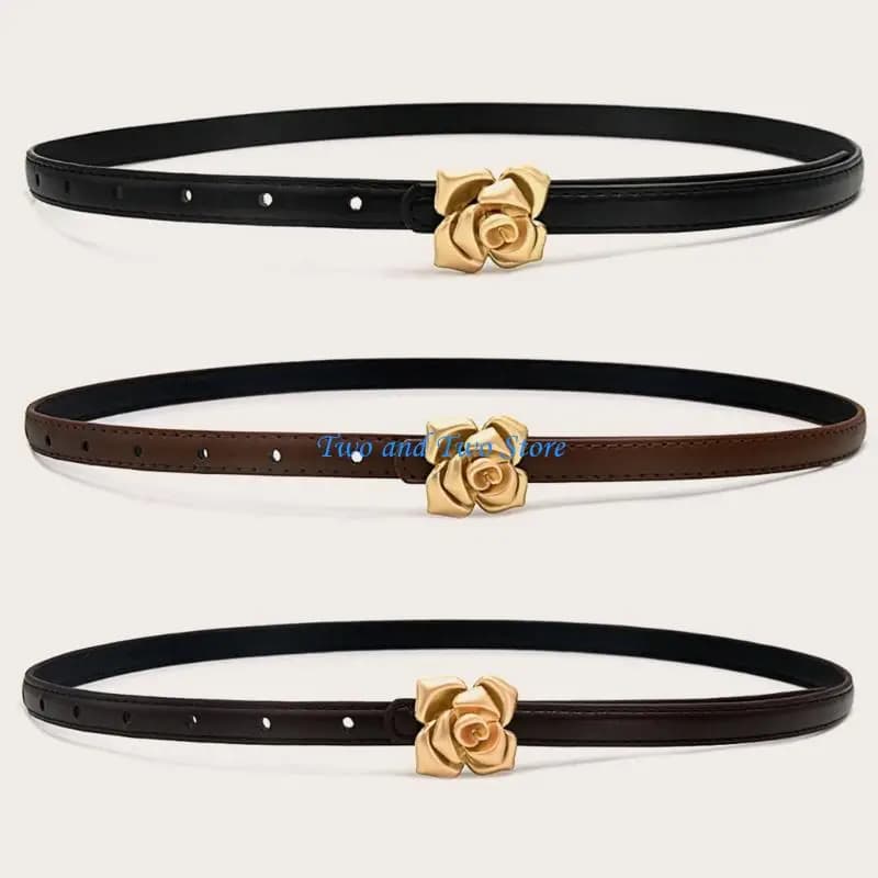 HX6F Stylish Rose Button PU Belt Adjustable Waist Strap For Women Jeans And Office Trousers