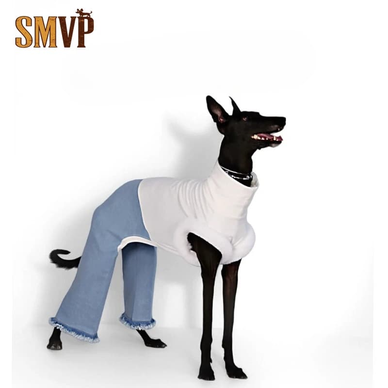 Autumn Winter White Turtleneck Suede Vest Splicing Blue Jeans Trendy Fashion Onesie Pet Dog Clothing Whippet Italian Greyhound