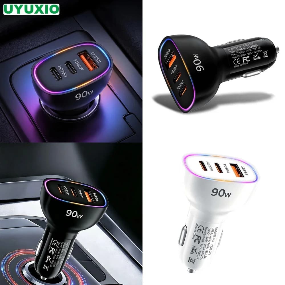 90W Car Charger 3 Port Dual PD 30W Type C USB A 30W Super Fast Charging Adapter PPS QC3.0 SCP RGB LED Light for Laptop MacBook