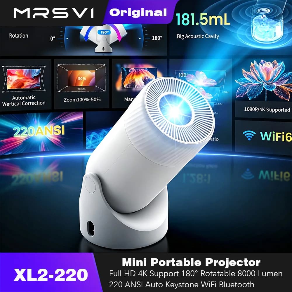 MRSVI Portable Projector,4K Home Cinema Android TV Player Outdoor Projector,Screen Mirror Video File Full Auto Calibration