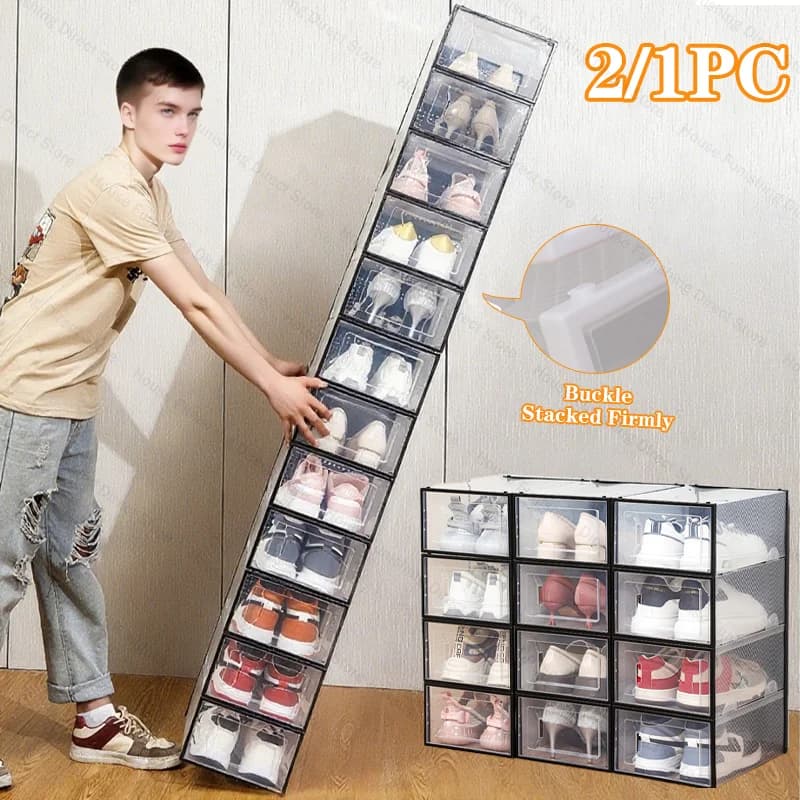 Scatola portaoggetti pieghevole in plastica trasparente con cassetto con coperchio ribaltabile, portaoggetti spesso salvaspazio per scarpe, armadio, camera da letto