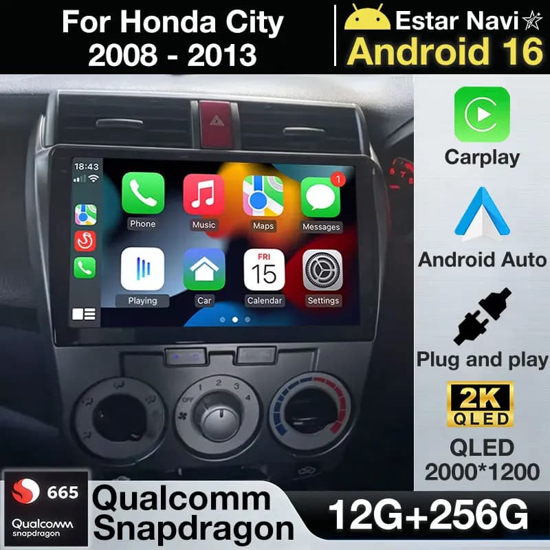 Autoradio Android 16 per Honda City 2008-2013 MT, GPS Multimediale, 4G, Carplay, Schermo Intelligente, Bluetooth, Telecamera 360, WIFI 5G