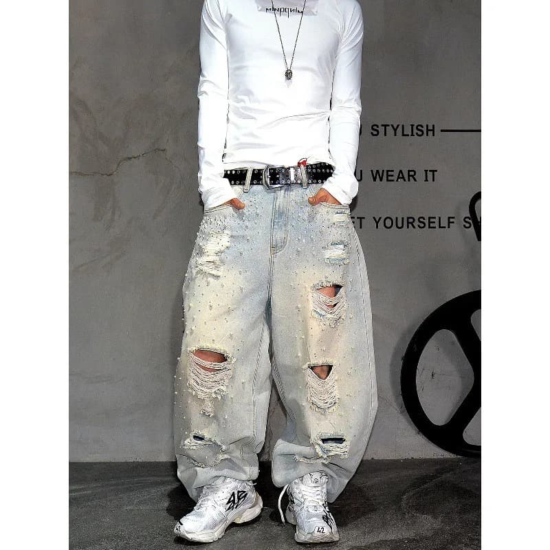 Trendy Men's Jeans Knife Washed out Hole Bead Embellished Wide Leg Casual Straight Cut Retro Style mid Waist Drawstring