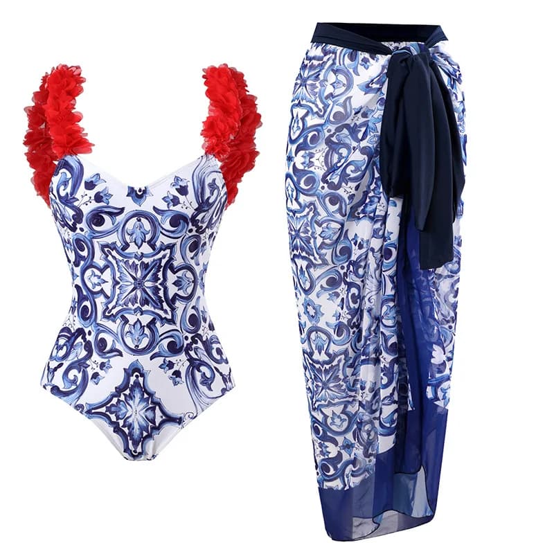 Langqi Nuovo costume da bagno a due pezzi Costume da bagno intero da donna con gonna avvolgente in porcellana blu e bianca con petalo rosso