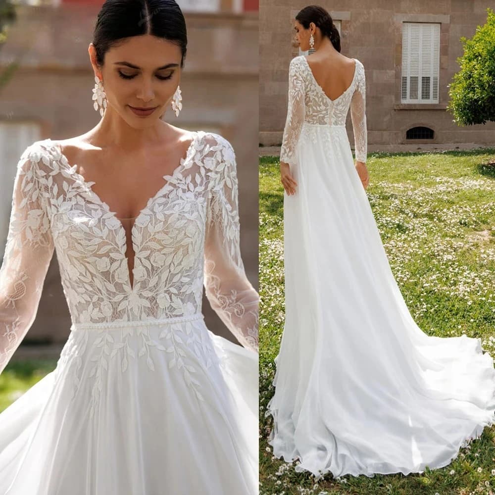 Abito da sposa in chiffon con scollo a V in pizzo per donna, linea ad A, strascico, senza schienale, Vestidos De Novia, personalizzabile