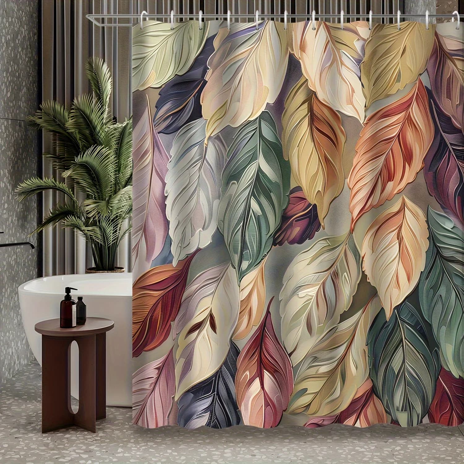 Tenda da doccia con foglie tropicali, foglie multicolori, design artistico, tessuto impermeabile ispirato alla natura, arredamento moderno per il bagno