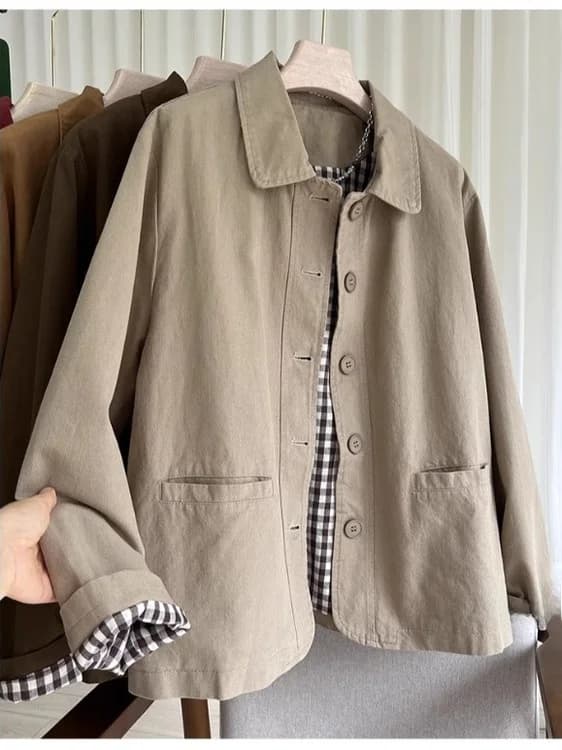Khaki Loose Fit Shoulder Lengthened Jacket Women's Casual Style Cotton Blend Spring Autumn New Fashion Open Cardigan Top