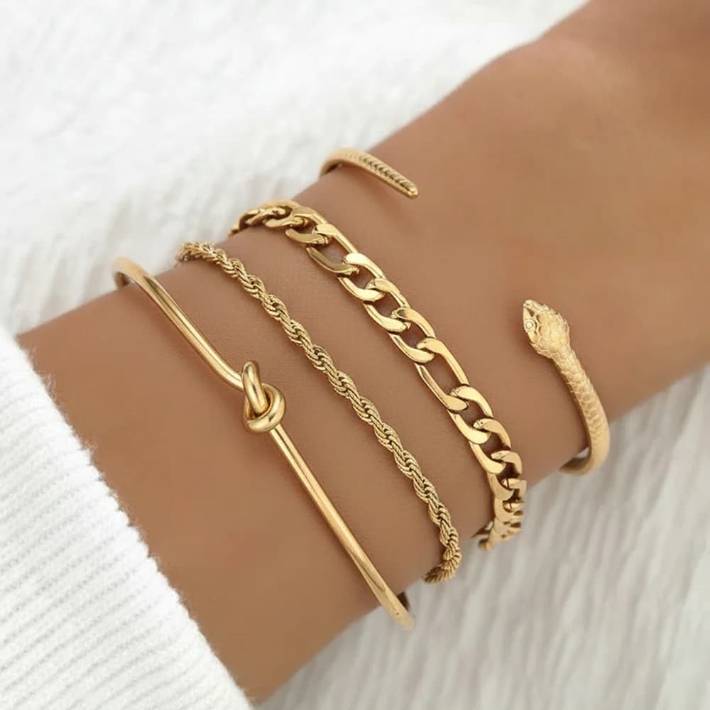 DGIDDK Bracciale aperto con nodo a serpente in acciaio inossidabile Bracciale a catena punk minimalista Lussuoso set di gioielli da polso impilabili multistrato