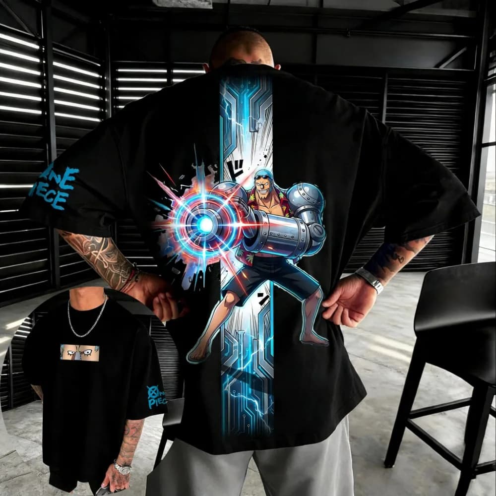 T-shirt Oversize Unisex in Puro Cotone con Stampa Anime Franky One Piece, Collezione Estiva 2026, Stile Harajuku Y2K Hip-hop Casual a Maniche Corte