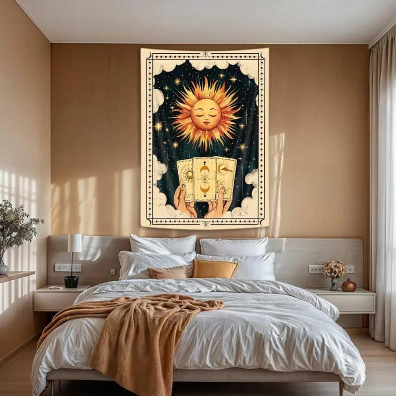 VIKAMA Tappeto da parete con motivo Tarot - Coperta Sole e Luna e serie di tappeti con carte dei Tarocchi misteriose, decorazione per la casa