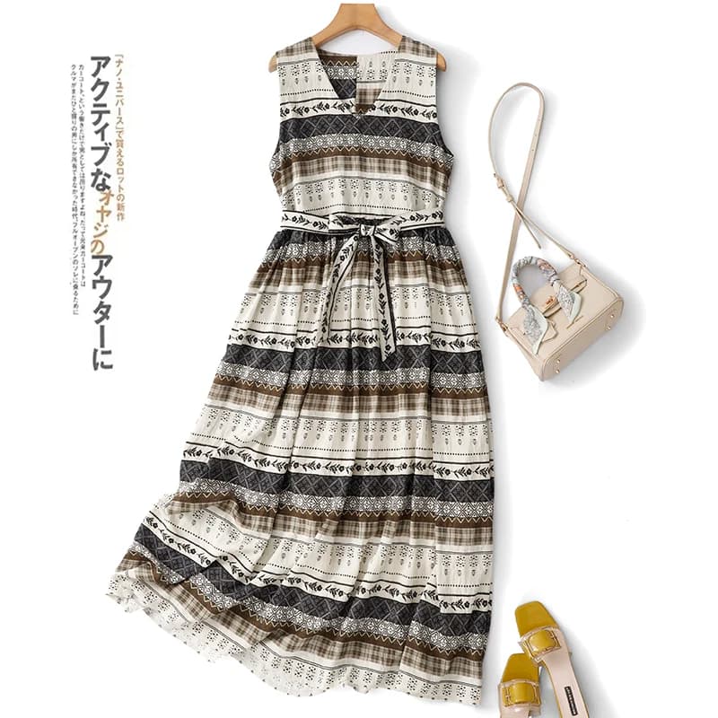 Elegant Bohemian Cotton Vest Dress Slim Waist Belted Thin Summer Casual High Waist Skirt Length Long Cake Skirt Style
