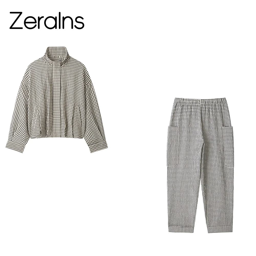 ZERAINS Summer New Women's Fashion European and American Style Checkered Pilot Jacket Jacket Pants Set