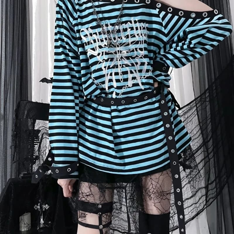 Subculture Long sleeve striped warm style shirt with buttons with shoulders Slim digs out T-shirt fashion pattern lace Y2k casual