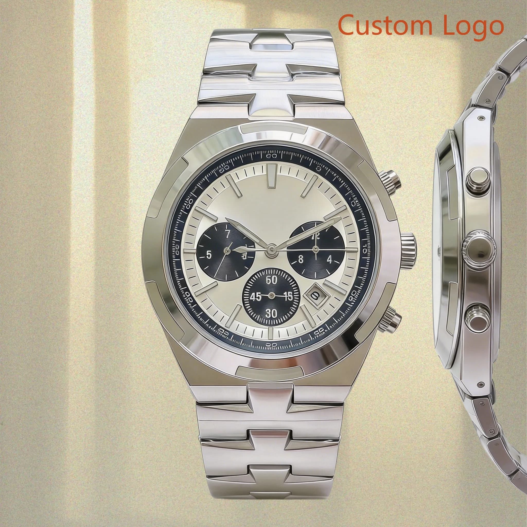 Classic Luxury Sports Mens Stopwatch Wristwatch Octagonal Polished Bezel Contrast Panda Dial Multifunction Timer Calendar Display Solid Integrated Stainless Steel Link Band Customized Watches