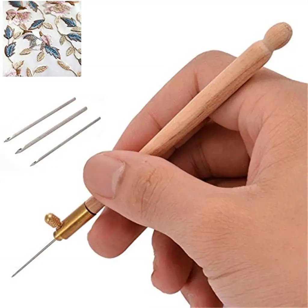 French crochet needles set with wooden handle, embroidery and beads needle tool