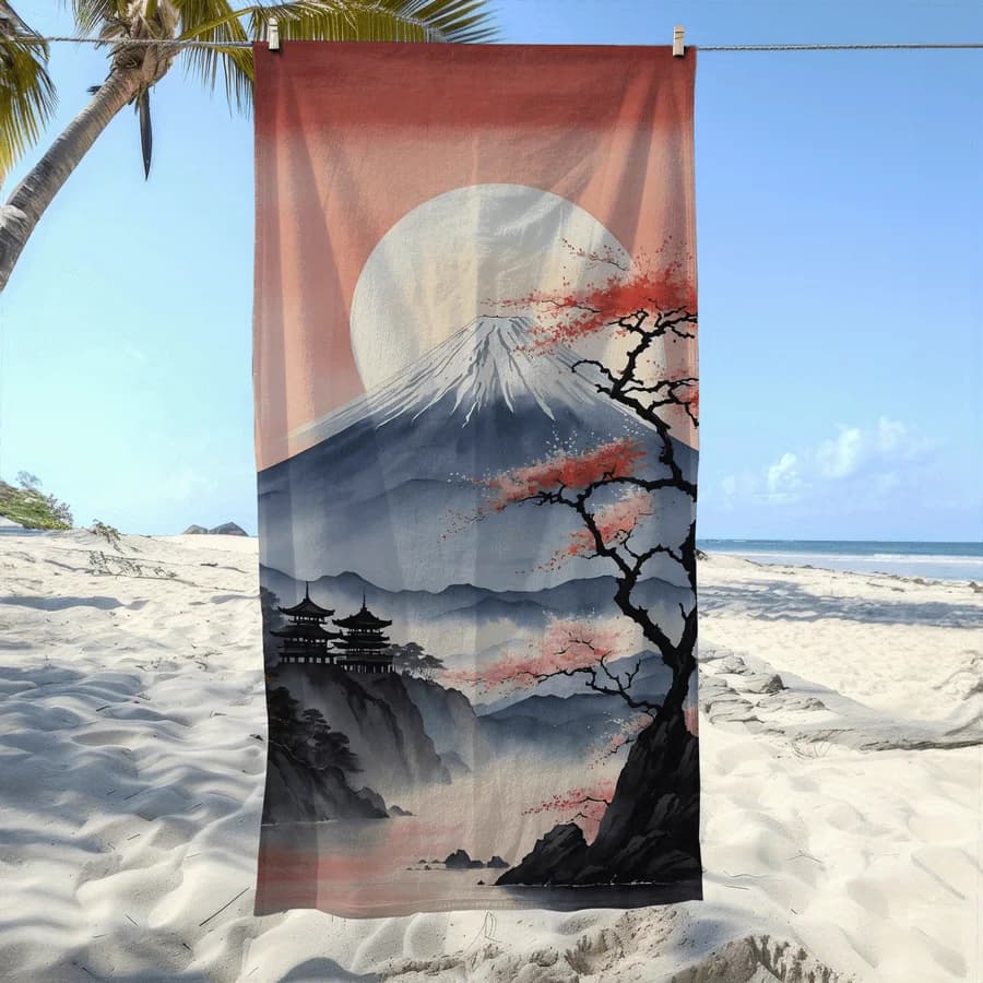 Asciugamano da bagno con motivo a foglia d'acero del tempio orientale, realizzato in poliestere, lavabile in lavatrice, adatto per viaggi, piscina e spiaggia.