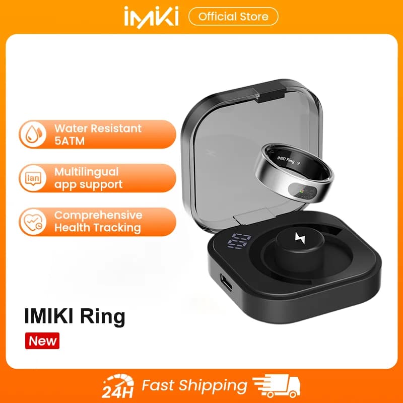 IMIKI Smart Ring With Display Screen Wireless Charging Sports Health Monitor Manager Touch Control 5ATM Waterproof Swimming Ring