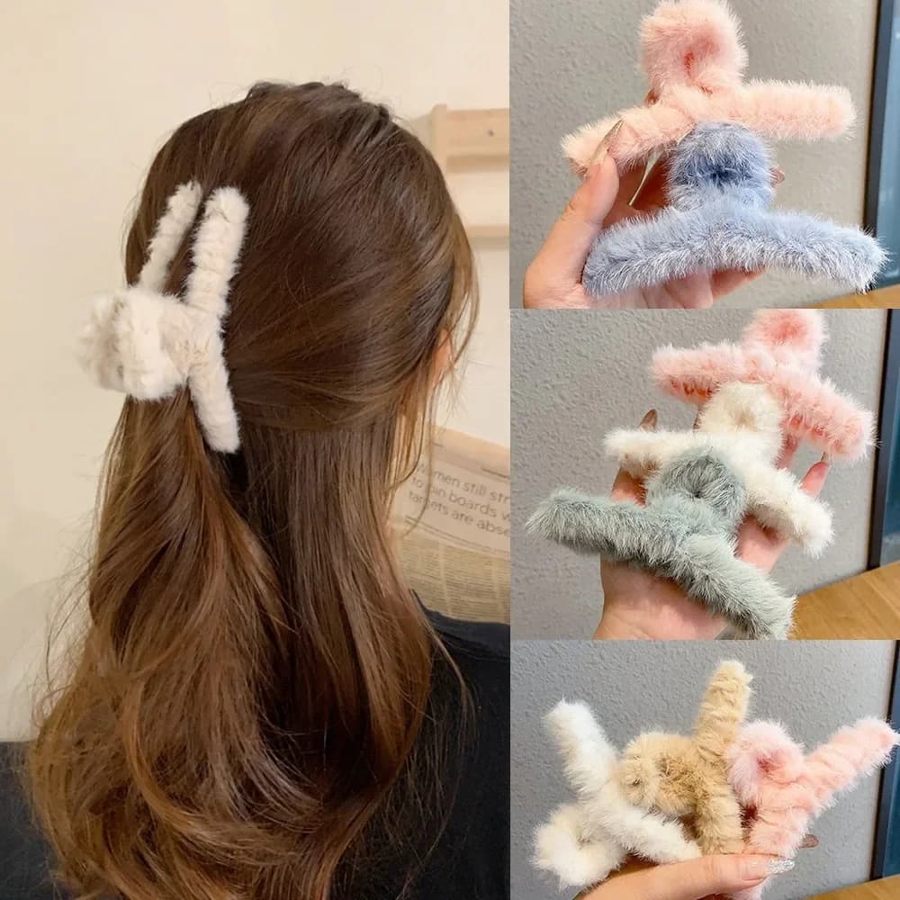 Grandi fermagli per capelli a forma di granchio in morbida pelliccia sintetica, per donne e ragazze, fermagli per coda di cavallo invernali, accessori per capelli economici