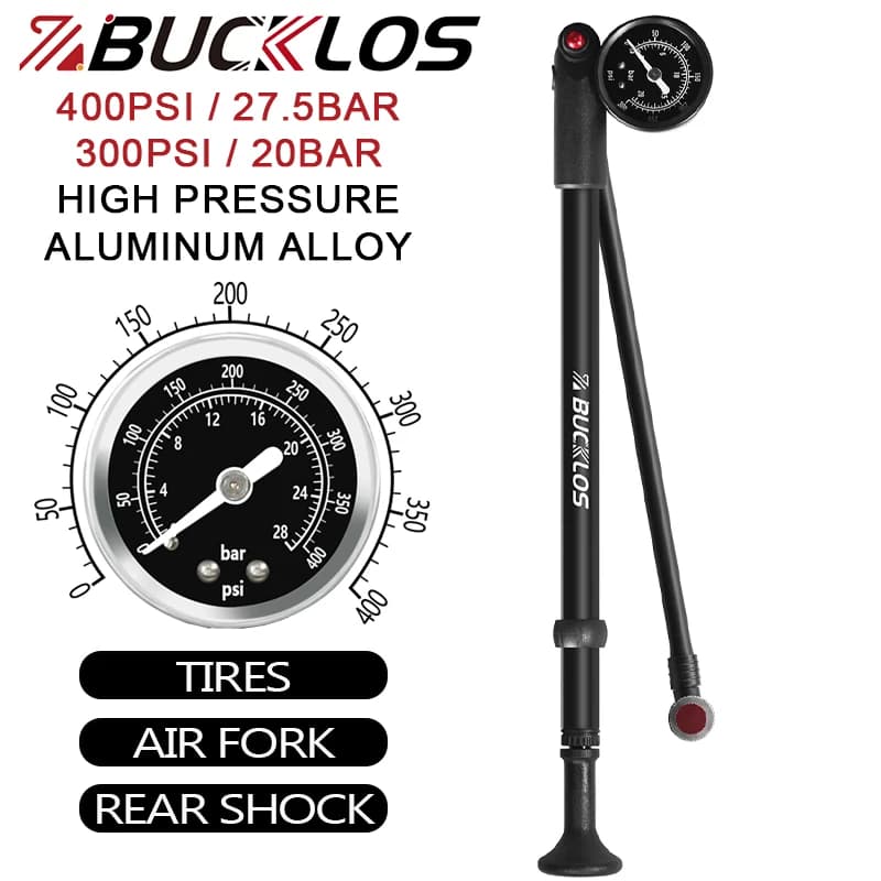 BUCKLOS Pompa Forcella Aria Bicicletta Max 400psi 27.5Bar 300psi 20Bar Pompa Ammortizzatore Posteriore Bici In Lega di Alluminio Bicicletta Schrader Gonfiatore Pneumatico