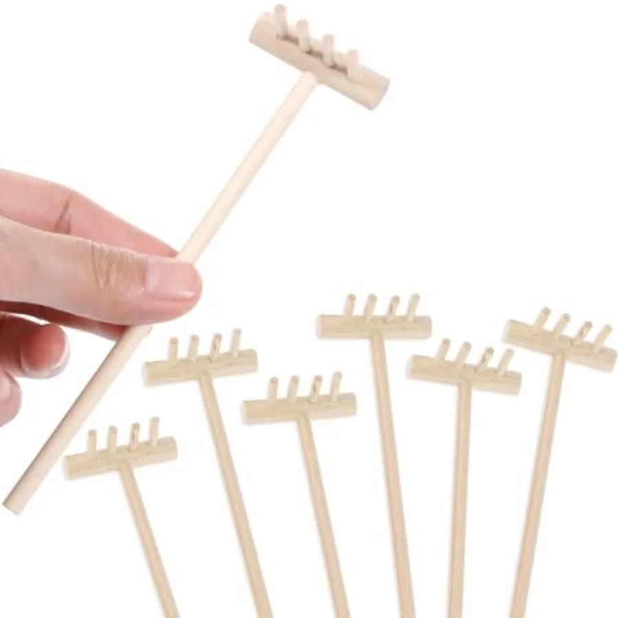 Set di 7 Accessori in Miniatura per Giardino Zen con Rastrelli in Legno Beige per Aiuole