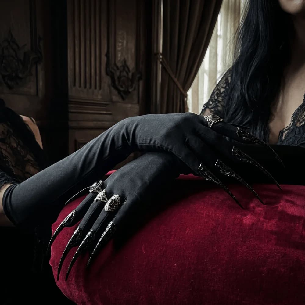 Gothic Long Nails Gloves Polyester Black Stretch Halloween Witch Gloves Elastic Black Detachable Claw Nails Gloves Roleplay