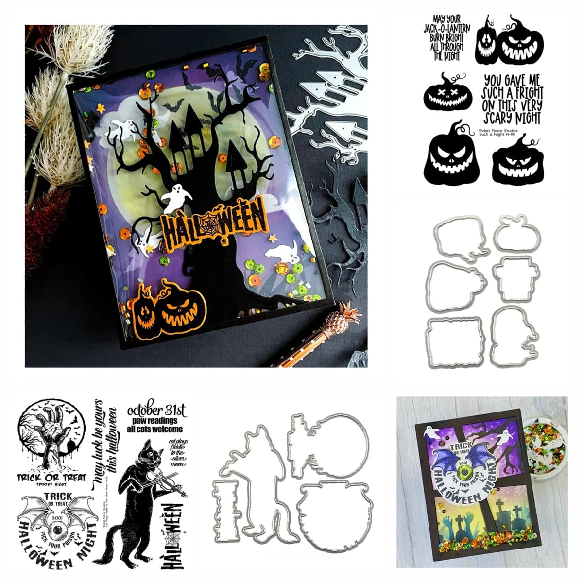 Fustelle e timbri trasparenti per scrapbooking con gatto zucca di Halloween che suona la violino alla luna argentata, per la creazione di biglietti e cornici artigianali