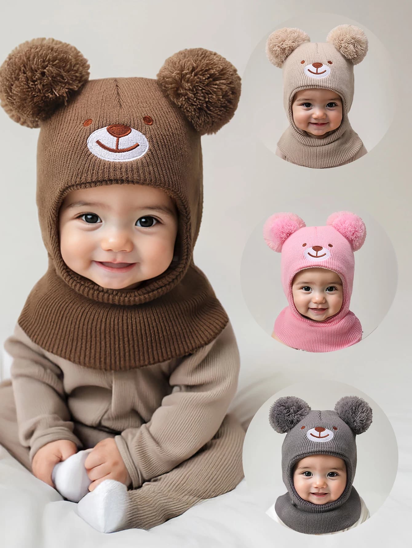 1 PCS 0-3Y Newborn black bear Embroidery Balaclava Ski Mask Toddler Beanie Double balls Baby Girls boys Beanies Kids Winter Hats