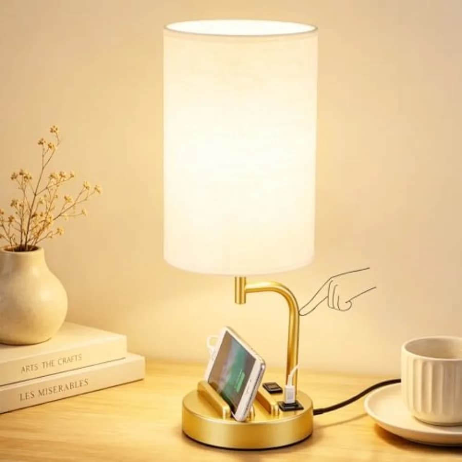 Touch Control USB Table Lamp with USB C/A and AC Outlet, 3-Way Dimmable Bedside Lamp, Modern Nightstand Lamps for Bedroom Livin