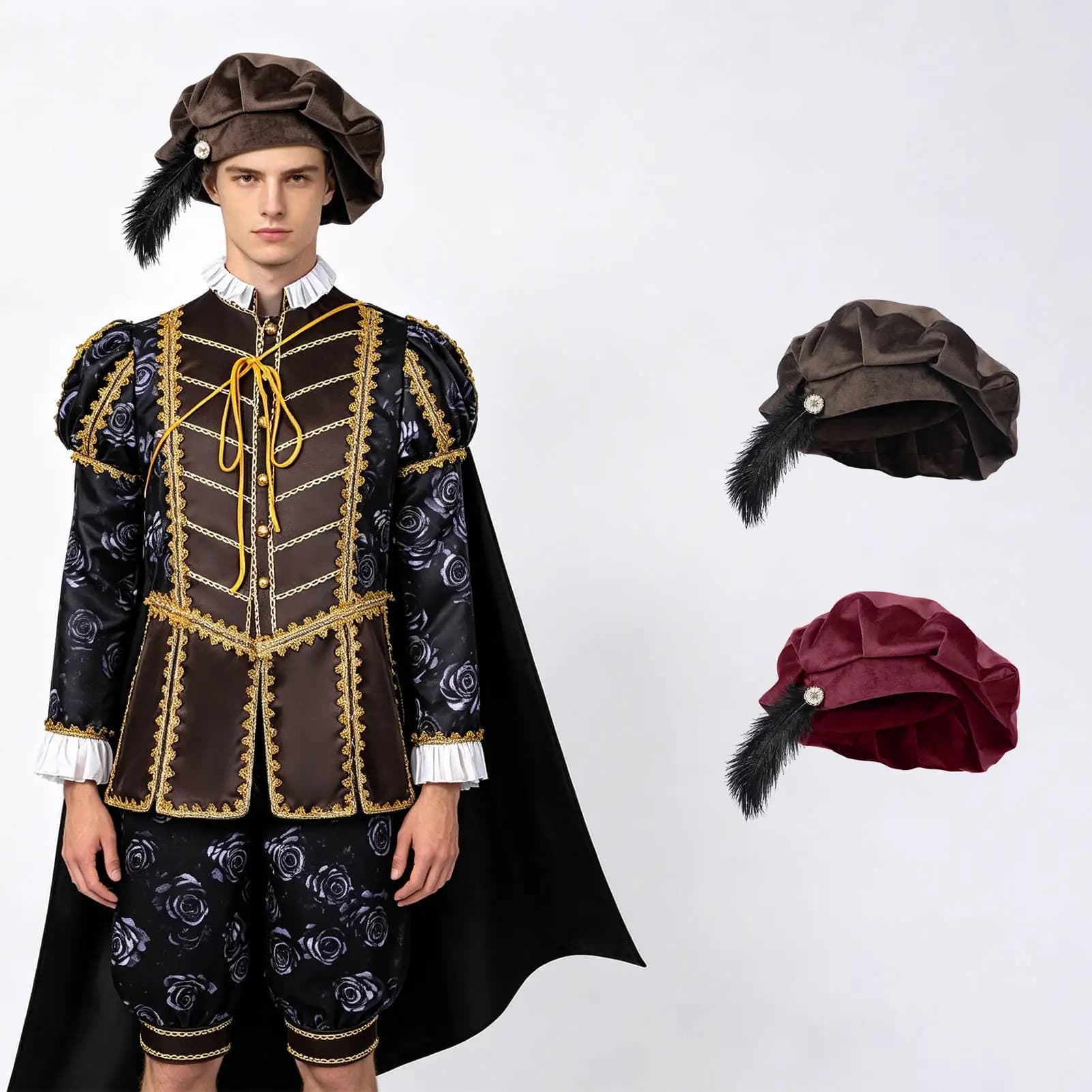 Berretto Unisex Medievale con Piuma, Cappello Tudor in Camoscio con Piuma, Cappello da Ministrato, Berretto Elisabettiano Rinascimentale