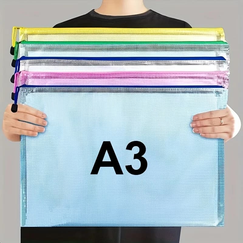 Sacchetti porta documenti con cerniera A3 colorati in PVC da 5 pezzi | Buste organizer per documenti durevoli e moderne per la scuola e l'ufficio | Deposito carta