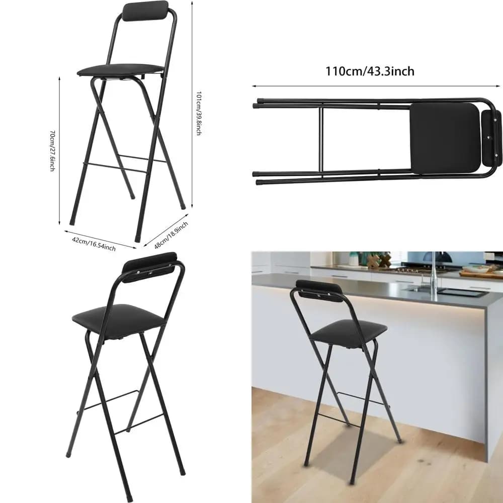 olding Bar Chair with Backrest, PU Cushion Bar Stool with Tall X-Leg Design, Metal e Portable Bar Chair Collapsible Stools Barst